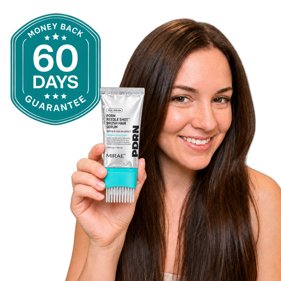Woman holding Mirae PDRN Brush Hair Serum with 60-day guarantee